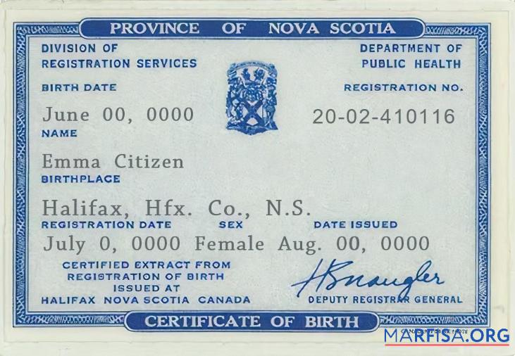 Printable Canada Province of Nova Scotia birth certificate template in PSD format